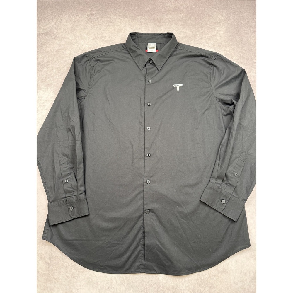 Tesla‎ Shirt Mens 2XL Black Button Down Long Sleeve Embroidered Logo Stretch